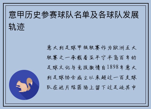 意甲历史参赛球队名单及各球队发展轨迹